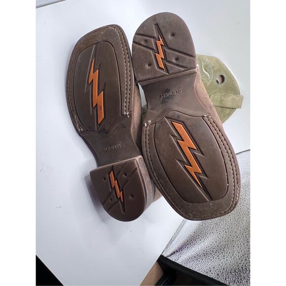 Old West Youth Tumbled Brown & Tan Calf Leather Top Square Toe Boots Size 3.0 D - Picture 6 of 6